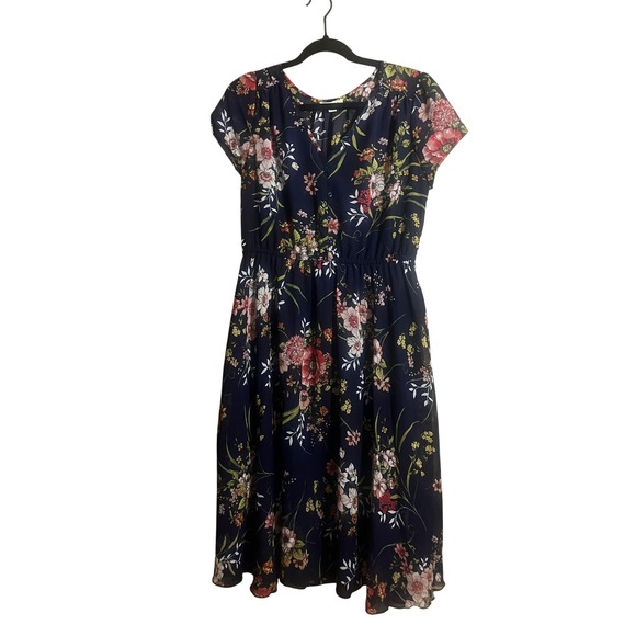 indigo Rose Dresses & Skirts - Indigo Rose Navy Floral Chiffon Midi Dress Short Sleeve Elastic Waist Large